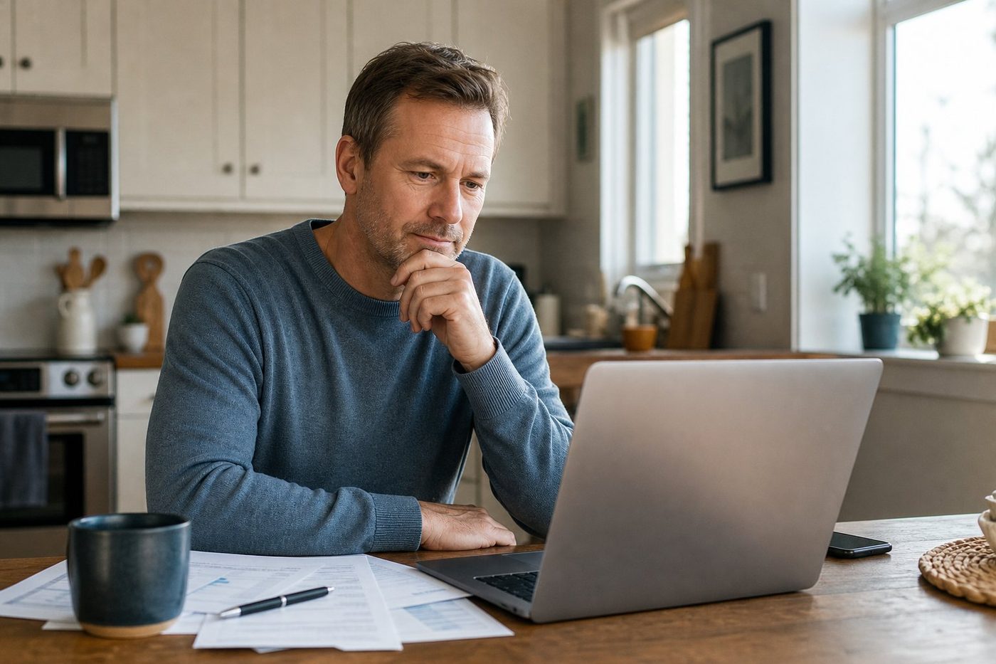 Man at his kitchen table exploring a new income opportunity on a laptop