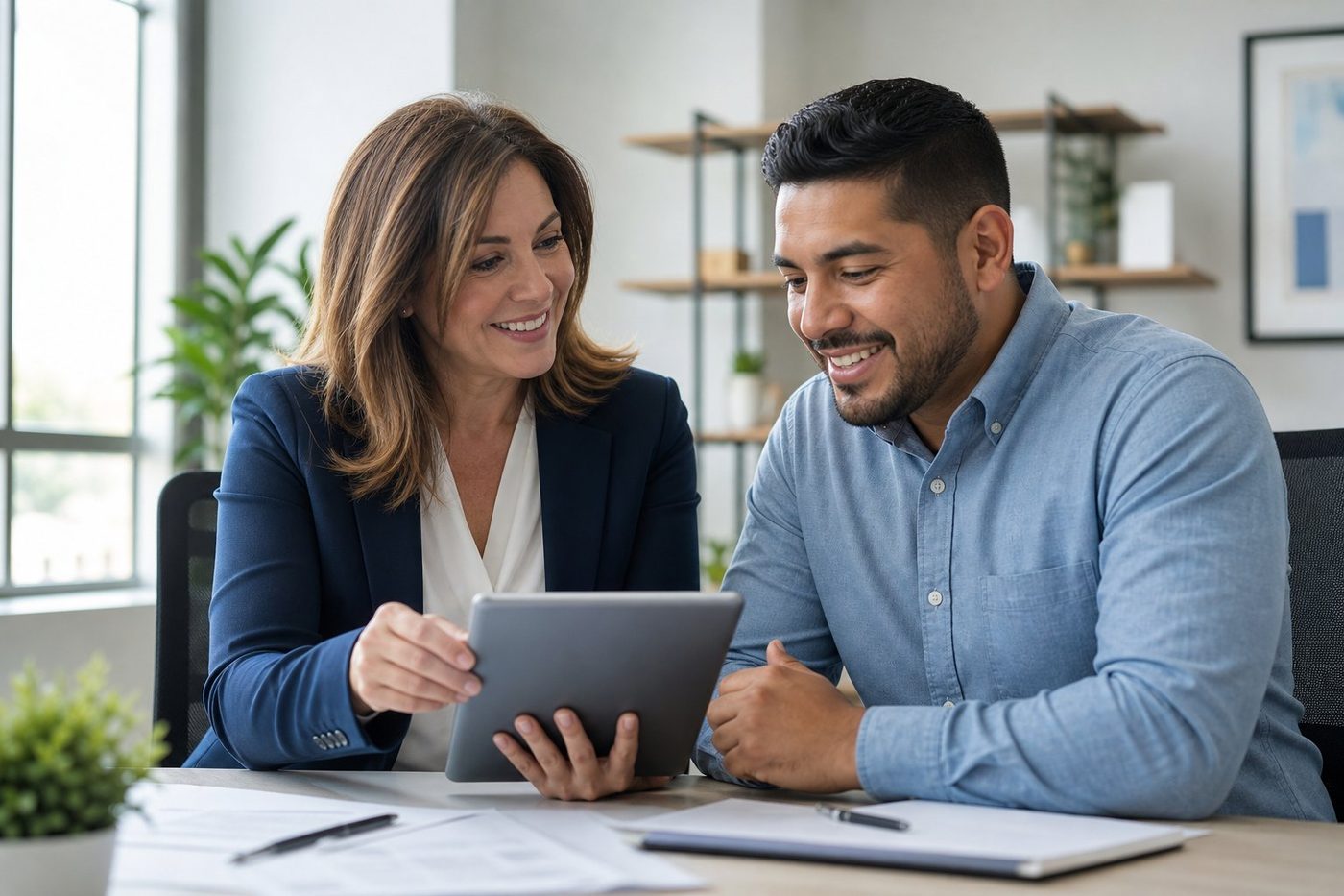 Agency owner mentoring a new recruit at a desk